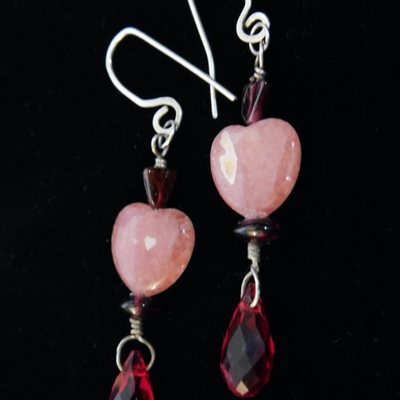 Rhodochrosite Hearts Garnet Gemstone Swarovski® Crystal Earrings by Konnie K - Picture 6 of 8